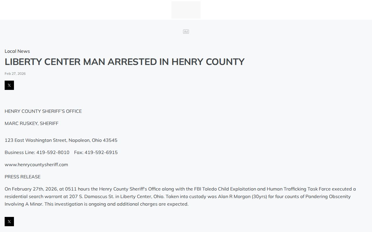 Liberty Center booking news context from the WNDH Henry County arrest report